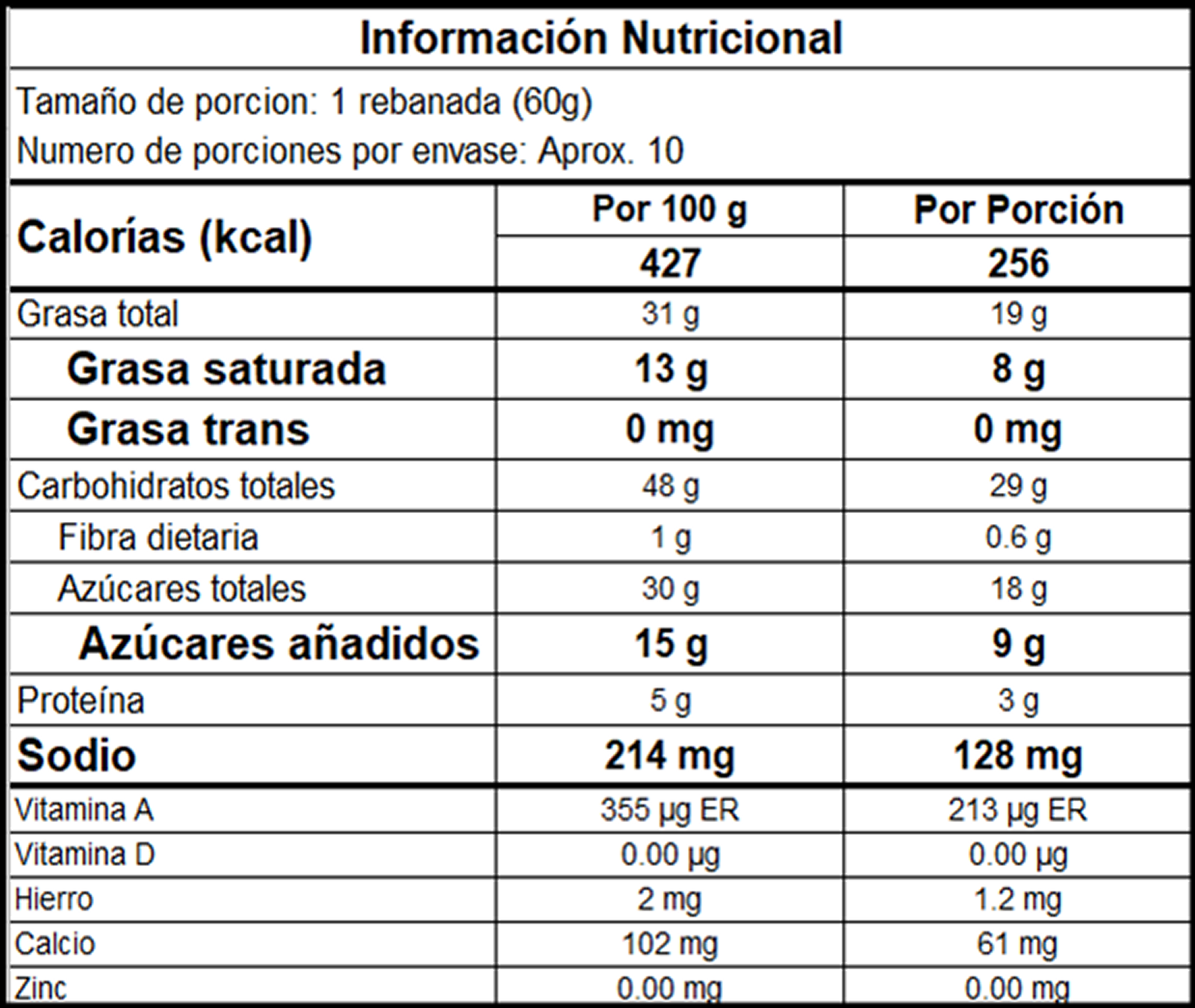Información nutricional Torta de Zanahoria